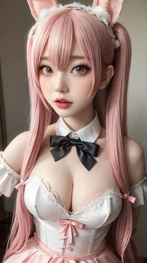 Alafe in a bow and tie costume, anime girl Cosplay, (Ahegao), anime Cosplay, Cosplay, ((Very large breasts)), sakimichan, Gwaiz, Ahegao face, Anime Goddess, Pink pigtails and cyan eyes, Fairy Core, Inspired by anime, Belle Delphine, Sakura Kinomoto, y 2 k ...