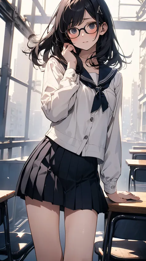 summer、empty classroom、thick、Sweat、high school girl、Low length、(((Long black hair:1.2　hair band)))(((Black-rimmed glasses:1.2　black eye)))、Backlight、evening、Nostalgic atmosphere、Look at this、High position、Cowboy Shot、glamorous、Checked mini skirt、Navy knit ...