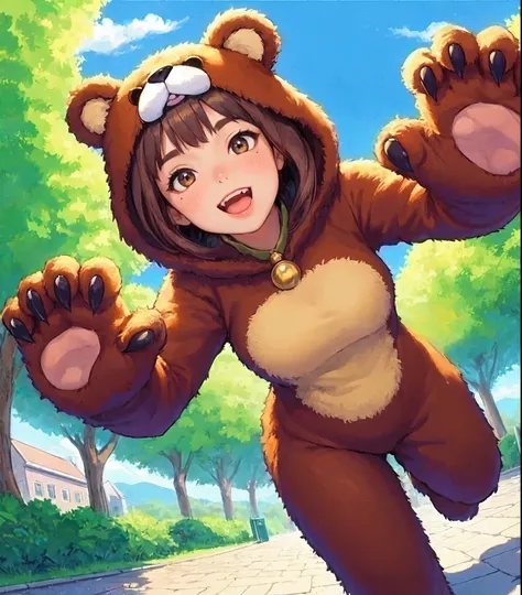 1lady solo, (from below), (brown bear costume:1.1), (hands up) (arms wide open) (fingers curled like claws:1.1), (claw posing), (leaning forward) dynamic, (mature female:0.8), /(brown hair/) bangs, blush kind smile, open mouth (teeth:0.8), (masterpiece bes...