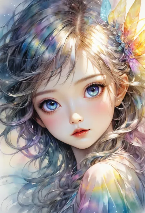 An awe-inspiring watercolor and ink masterpiece inspiring by Jasmine Becket-Griffith, featuring an enchanting, ethereal charming woman radiating celestial energy and holding a radiant light in her hands. Extraordinarily well detailed, serene and caring fac...