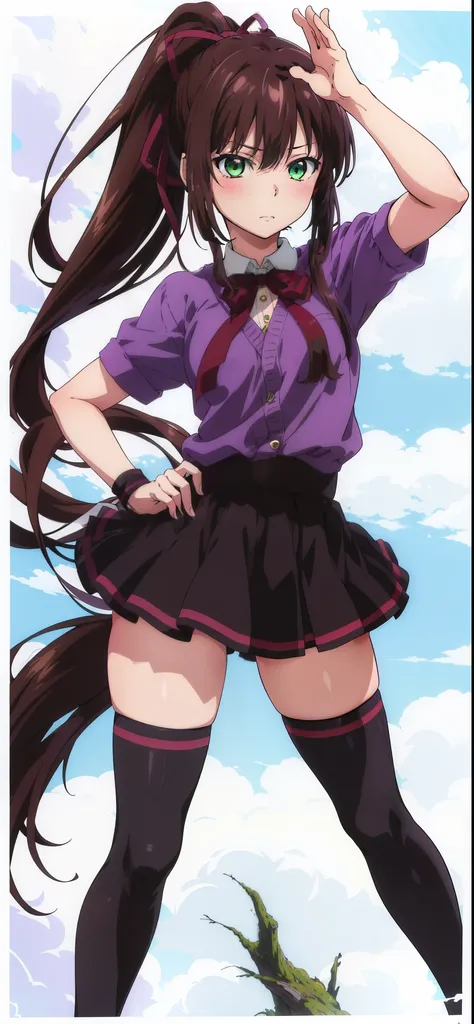 masterpiece, best quality,1girl,solo,kirasaka sayaka,brown hair,long hair,ponytail, hair ribbon, green eyes,,purple thighhighs, wariza, (clothes). Manga panels. MangaHentaiStyleConceptv2,  dynamic pose 