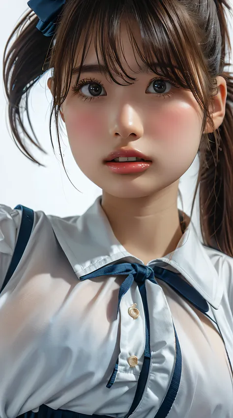 (Highest quality、Tabletop、、Best image quality、Award-winning works)、Cute school girl、けたWhite polyester collared shirt、Short sleeve:1.4)、(Navy Pleated Skirt:1.1)、Portrait of、Glowing Skin、Brown Hair、Are standing、Sculpture Pose、(The simplest pure white backgro...