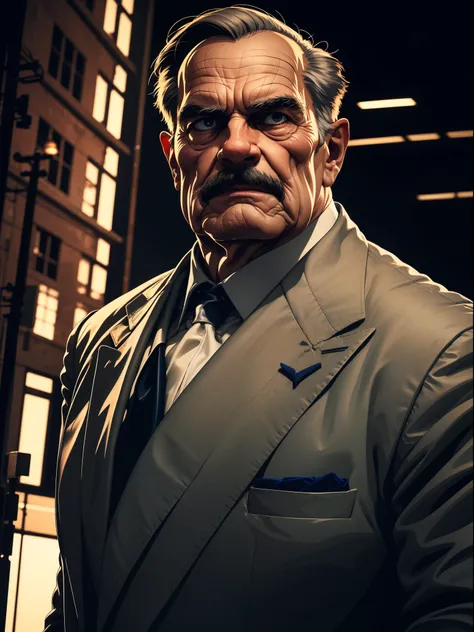 a portrait of an old man wearing a suit, upperbody, standing in a city background, mwvector, 8k, high quality, photorealistic, detailed wrinkles, detailed facial features, detailed texture, cinematic lighting, dramatic shadows, moody color palette, warm to...