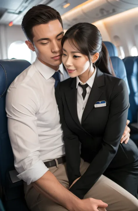 a female flight attendant holds a man&#39;s crotch and looks at his face、around 30 and long face、blush、seduce、high definition、de...