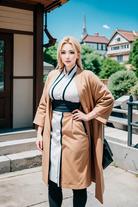 lady tsunade standing in her daily outfit and smiling, photo realistic dreamy picture, 3.5mm lens camera