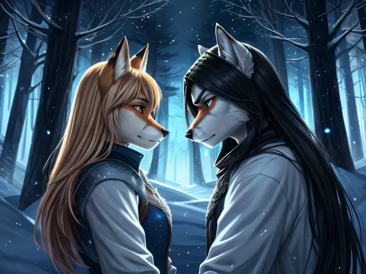 portrait. Two characters. White wolf furry, with long black hair, icy aura, dressed in snow clothes. Fire red fox with short blond hair, dressed as a robber, facing each other. The she-wolf is furious, fox sad. Fantasy forest with fireflies, mystical fores...