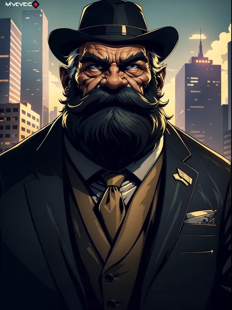 a portrait of an old man wearing a suit, upperbody, standing in a city background, (mwvector), vector, thick mustache, long beard, 8k, high quality, photorealistic, detailed wrinkles, detailed facial features, detailed texture, cinematic lighting, dramatic...