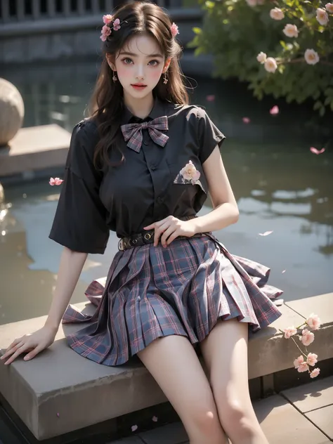 skirt,plaid necktie,belt,plaid skirt,black shirt,bowtie, ((knee shot)),（(girl lying in the pool))、((night，moonlight))，she gently...