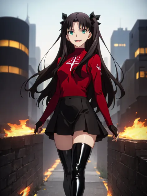 Highest quality, masterpiece, High resolution, 一人w, (Tohsaka_Also_fwestaynightufotable:1.10), one person, アニメ_coloAlsog, turtleneck, , Lookwg_w_Audience, brown_hair, Parody, green_eye, , swewer, アニメ_style, 5 ,,Bad face,, Black Skirt,both hands,Two legs,Fiv...