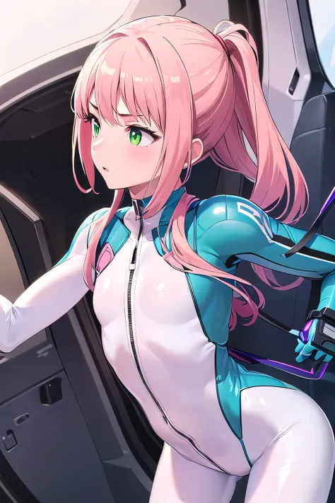 1girl,Samus aran,solo,green eyes, pink hair, forehead   hair, white shirts,white body suit,purple stripes,cowboy shot,blush,,Science fiction,ultra-detailed,sharp focus,aesthetic,(best quality), white background, (unzipzing and take off bodysuit:1.5)