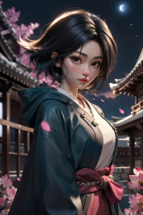 (absurdity,official art,unity 8k wallpaper,Ultra detailed,high quality,Best quality),(Best quality, masterpiece),(1 girl, Miko, coat, facial expression, black eyes, looking forward ,black hair, to walk, upper body), (night sky, A huge old tree behind, Fall...