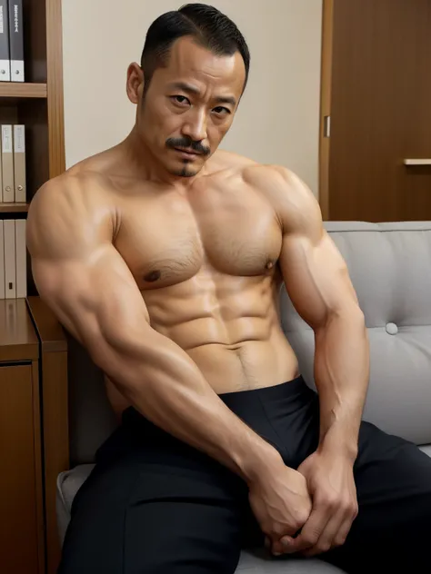 40 years old，Hidetoshi Nakata，（Kogoro Mori 1.3），whole body，Lean，muscle，office，black，foot，Suit，foot抬起，sofa，Baldhead ，transparent，Thick body hair，underwear，Topless，Densely hairy，Fortitude，HD，With a mustache