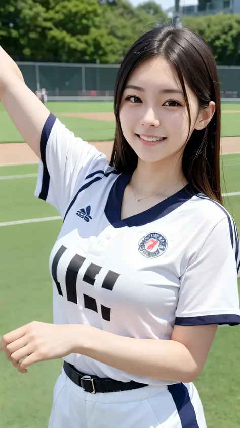 Highest quality、Realistically、Radiant Skin、Japanese women、Around 20 years old、Gravure idol、Athletics stadium with spectators、Track competitions、Roman numeral bib number、Uniforms with manufacturer logo、Pose with a smile、