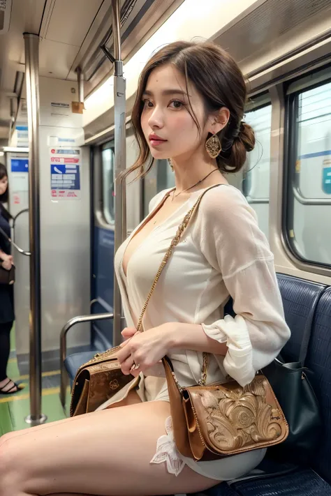 ((Realistic, 8k, Top Quality, Masterpiece: 1.5, Best Quality, Illustration, Ultra-detailed, finely detail, high resolution, 8K Wallpaper, Perfect dynamic composition, Beautiful detailed eyes)), (open chest clothe with handbag:1.6), Natural Color Lip, (in c...