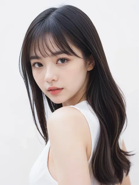 1girl, 25years old woman, cute face, Small breasts, medium breasts, large breasts, beautiful face, (perfectly detailed face), ((looking at viewer)), Simple Background, ((white background)), ((white wallpaper)), White skin, (bright lighting:1.2), perfect li...