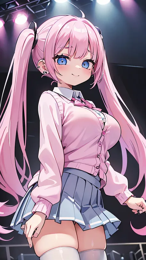 ((masterpiece、Highest quality、Super detailed)、((One person))、((Pink Hair))、((Twin tails))、((Light blue eyes))、evil smile、((lots of piercings))、((Very large breasts))、((White collared shirt))、((pink cardigan))、((Grey pleated skirt))、((micro miniskirt))、thig...