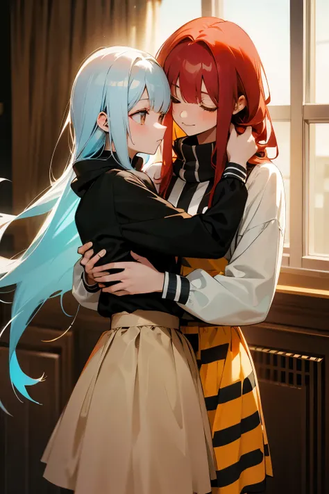 Red haired girl wearing a yellow striped dress hugging white haired girl wearing a black sweatshirt while light blue haired girl wearing sunglasses and a brown skirt 