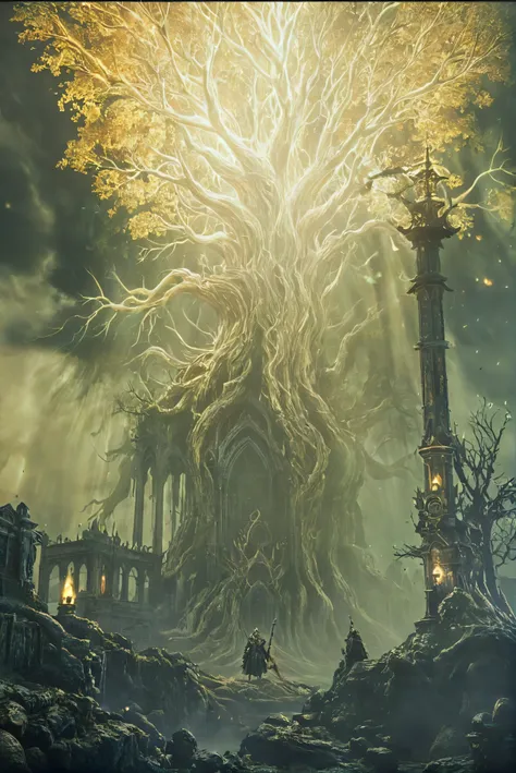 there is a large tree that is in the middle of a city, elden ring cinematic lighting, elden ring concept art, intricate and epic composition, elden ring boss, epic stunning atmosphere, fantastic screenshot art, elden ring art, highly detailed fantasy art, ...