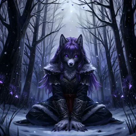 girl wolf furry with white fur and long black-violet hair, sits on the dark ground in the dark forest, purple fireflies are flying around. The wolf is dressed in a long snowy fantasy outfit, creepy look, hands in blood