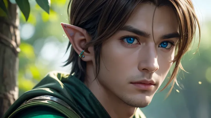 Very detailed, Live Action、Ultra-realistic digital portrait of Link from The Legend of Zelda, Very detailed facial features, Piercing blue eyes, Sharp jawline, disheveled brown hair, Confident expression, Green themed elven clothing