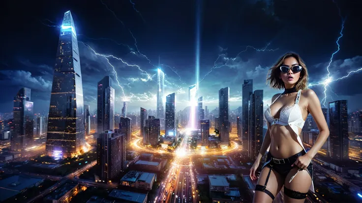 At night, dark sky, aerial view of futuristic sci-fi cyberpunk city, skyscrapers, flying vehicle, (vortex-spirit-spreading giant hologram pyramid-like clock tower as time machine), vortex lightning, high quality. Matrix style, at night, (1girl, solo, alone...