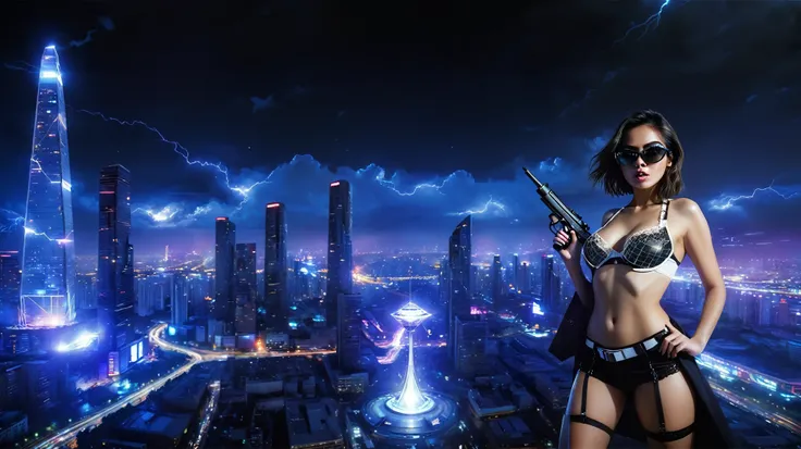 At night, dark sky, aerial view of futuristic sci-fi cyberpunk city, skyscrapers, flying vehicle, (vortex-spirit-spreading giant hologram pyramid-like clock tower as time machine), vortex lightning, high quality. Matrix style, at night, (1girl, solo, alone...