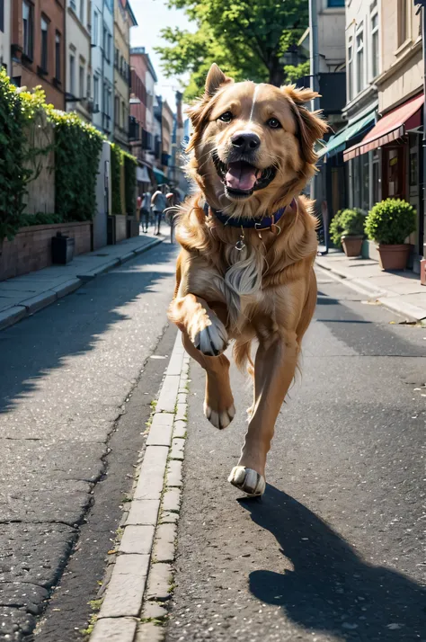 A vibrant, high-resolution image of a playful dog running joyfully down a sunlit street. The scene is set on a lively urban road with a backdrop of charming, colorful buildings and clear blue sky. The dog, a golden retriever with a shiny, well-groomed coat...