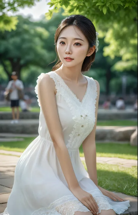 a beautiful korean girl in a white summer dress, sitting in a park, professional lighting, photon mapping, radiosity, extremely detailed, best quality, 8k, raw photography, masterpiece, realistic, photorealistic, vivid colors, natural lighting, detailed fa...