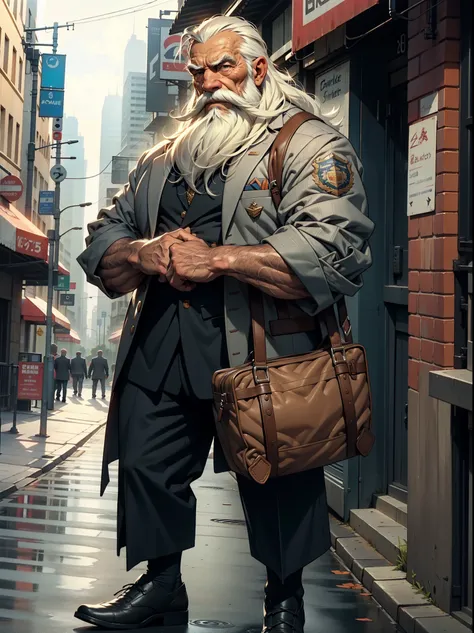 an old man wearing a suit, muscular, standing in a city background, thick mustache, long beard, 8k, high quality, photorealistic, detailed wrinkles, detailed facial features, detailed texture