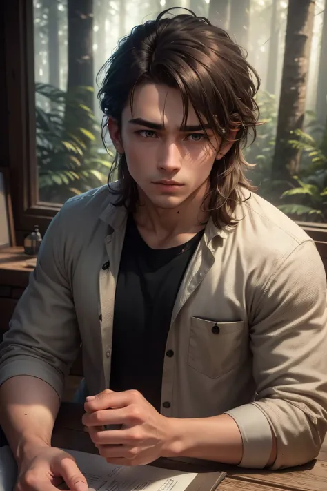 a 2 sad boy with brown short mullet hairstyle, sad and depressed and tired expression, wearing simple brown black and white clothes, portrait in a lost cabin in a forest, wild nature, (best quality,4k,8k,highres,masterpiece:1.2),ultra-detailed,(realistic,p...