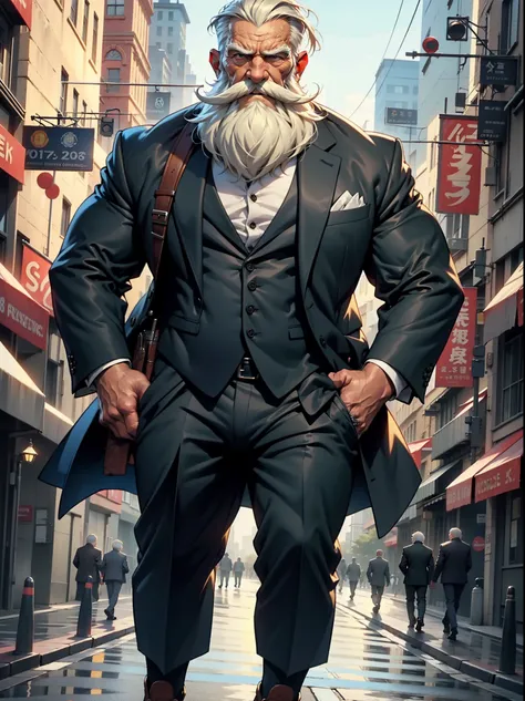 an old man wearing a suit, muscular, standing in a city background, thick mustache, long beard, 8k, high quality, photorealistic, detailed wrinkles, detailed facial features, detailed texture