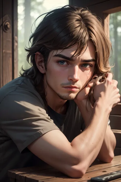 a 2 sad boy with brown mullet hairstyle, sad and depressed and tired expression, wearing simple brown black and white clothes, portrait in a lost cabin in a forest, wild nature, (best quality,4k,8k,highres,masterpiece:1.2),ultra-detailed,(realistic,photore...