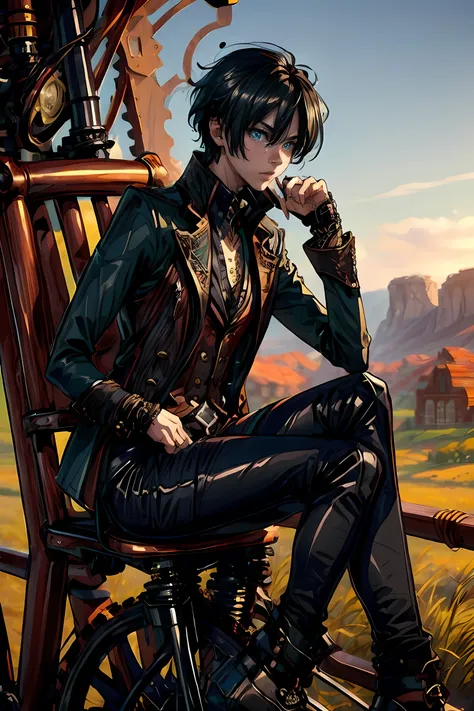 masterpiece, best quality, detailed, (1boy), handsome, toned physique, black hair, short hair, black attire, steampunk, gothic, ...