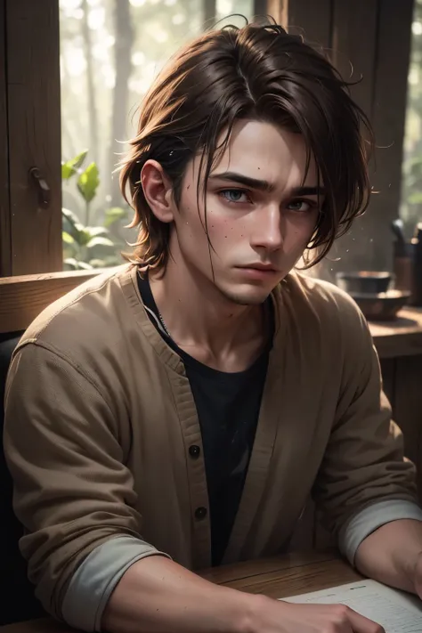 a 2 sad boy with brown mullet hairstyle, sad and depressed and tired expression, wearing simple brown black and white clothes, portrait in a lost cabin in a forest, wild nature, (best quality,4k,8k,highres,masterpiece:1.2),ultra-detailed,(realistic,photore...