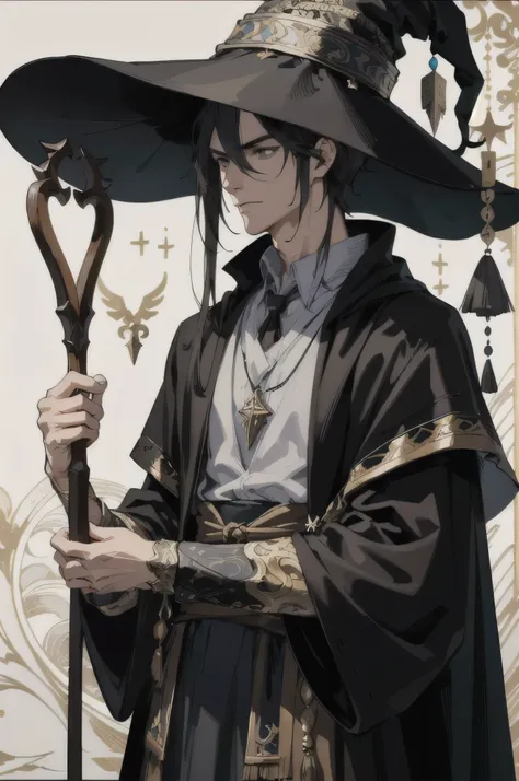 masterpiece, best quality, 1 male, adult, tall muscular, handsome, finely detailed eyes, intricate details, wizard, black hat with a pointed brim, broomstick with a carved handle, spellbook with a variety of spells, potion bottles with various ingredients,...