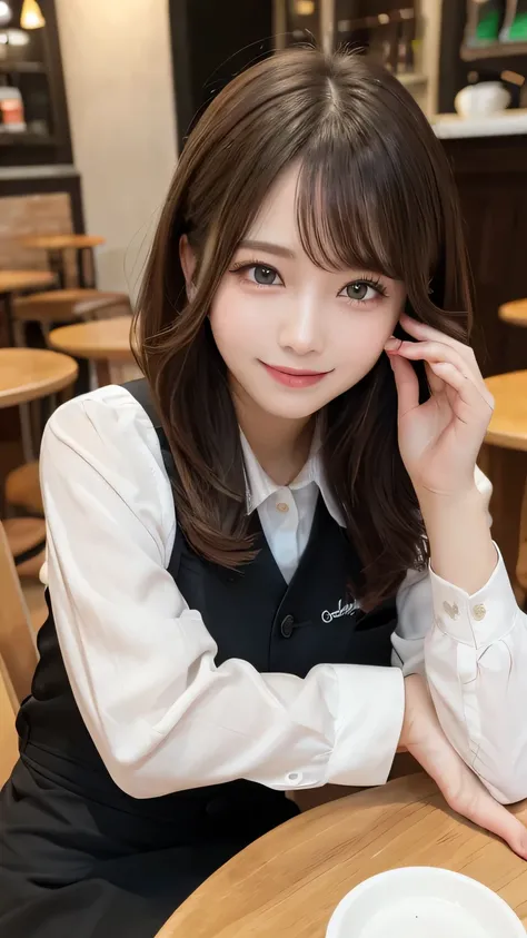 Tabletop, Highest quality, figure, Very detailed, In detail, High resolution, 8k wallpaper, Perfect dynamic composition, Beautiful attention to detail, (cafe staff uniform)、Medium Hair,  Natural color lip, Random sexy poses,smile,