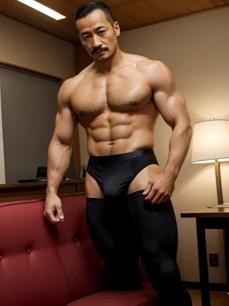 40 years old，Hidetoshi Nakata，（Kogoro Mori 1.3），whole body，Lean，muscle，office，black，foot，Suit，transparent袜子，foot抬起，sofa，Baldhead ，transparent，Thick body hair，underwear，Topless，Densely hairy，Fortitude，HD，With a mustache