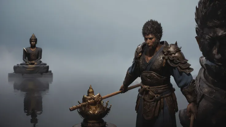 Very tiny Wukong (black myth) Gazing at a huge Buddha statue made of water，Swinging the Golden Cudgel，Jump up handsomely，After all the hardships，Stand in front of the Buddha statue，Sense of giants，Movie Feel，Lake fog，Perfect composition，close up，Shock