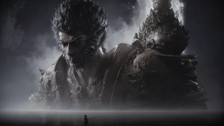 Very tiny Wukong (black myth) Gazing at a huge Buddha statue made of water，Swinging the Golden Cudgel，Jump up handsomely，After all the hardships，Stand in front of the Buddha statue，Sense of giants，Movie Feel，Lake fog，Perfect composition，close up，Shock