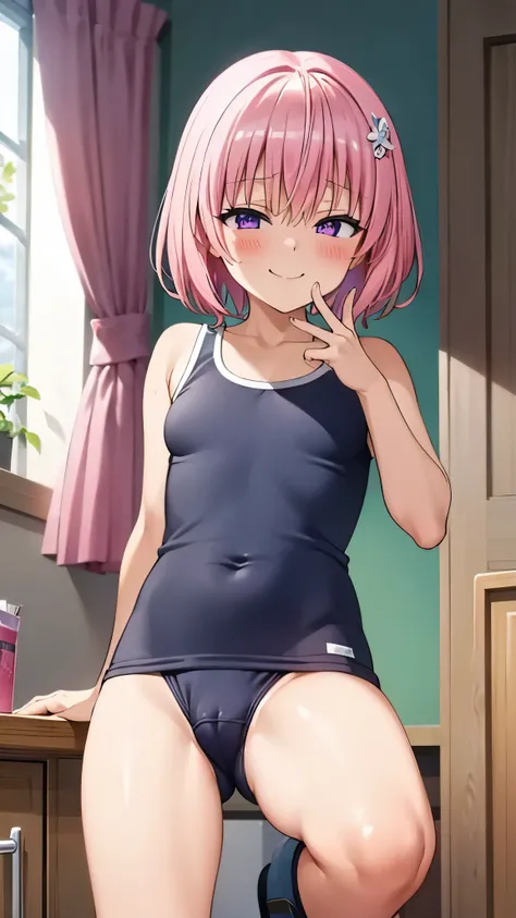 8k,Highest,quality,(highest quality:1.1), (masterpiece:1.4), (Confused:1.0), 
1 person, Deviluke Type, hair ornaments, Bobcut, Short Hair Pink Hair, Purple eyes,Medium chest ,(School Swimsuit), Her Room, (blush:1.2), smile,（Perfect Fingers）,Squat,Spread yo...