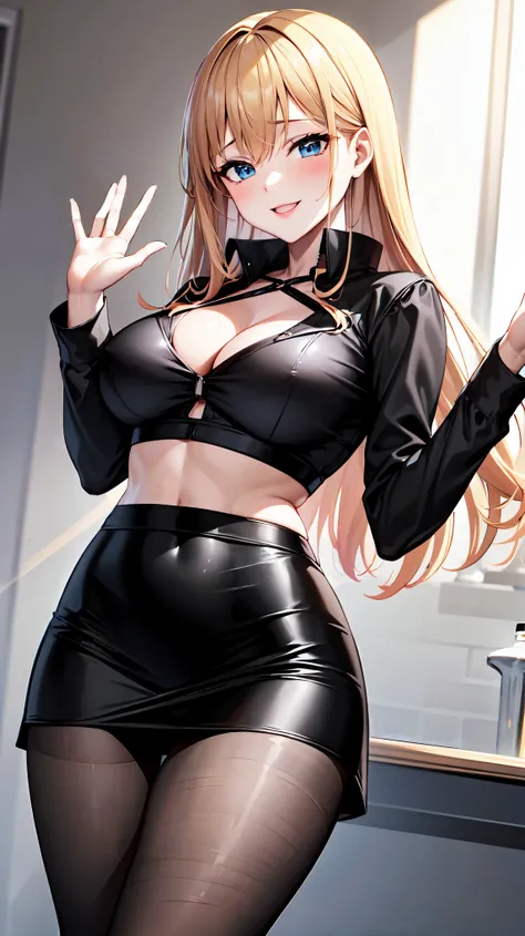 （（super high quality,））（（Ultra-high resolution,））（16K,）（super masterpiece,）（（Ultra HD ,））（Detailed shading,）One sexy woman,popped Tight collar BLACK shirts,Long sleeve,Black tight skirt,Black Stockings,smile,