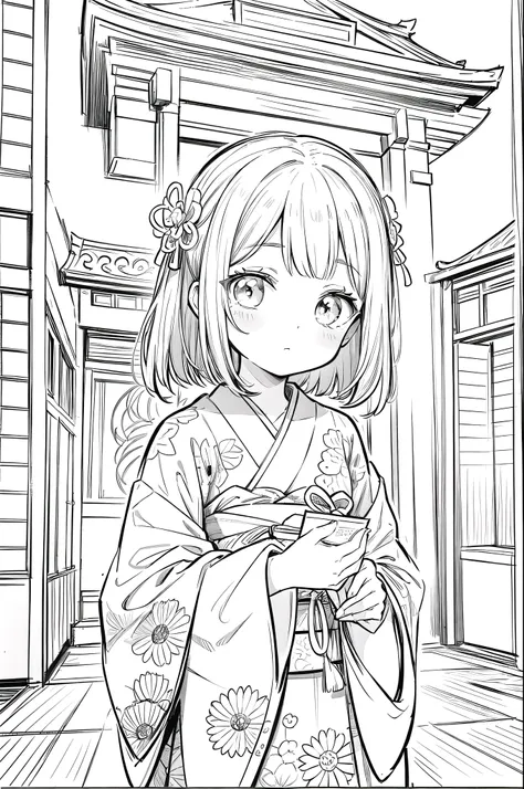 (high contrast, sketch, monochrome, clean line drawings for coloring book:1.3), Depicting a realistic and cute ukiyo-e illustration of a woman in a kimono that conveys Japanese culture. The illustration is a illustration with detailed facial features and c...