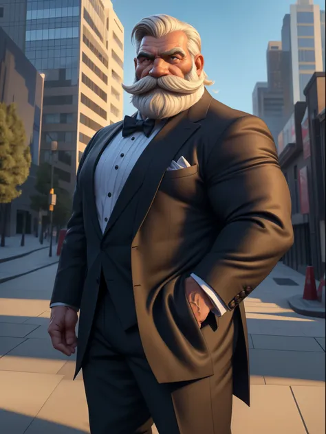 a muscular old man with a thick mustache and long beard, wearing a suit, standing in a city background, (best quality,4k,8k,highres,masterpiece:1.2),ultra-detailed,,detailed wrinkles,detailed facial features,detailed texture, half body, halfbody