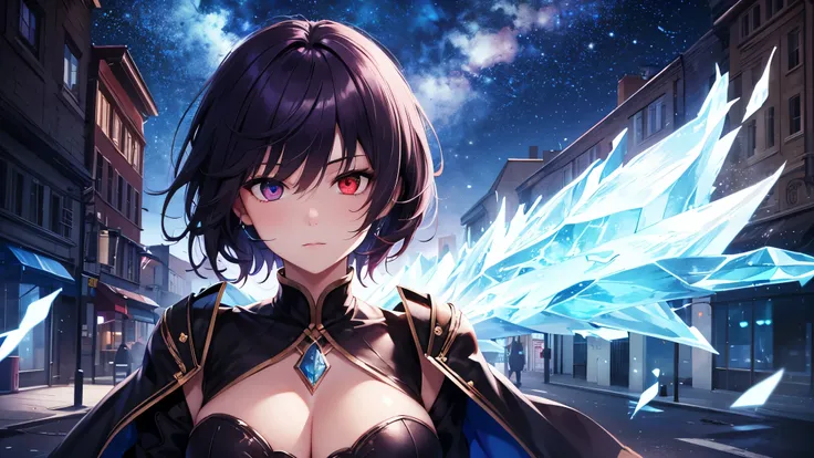 Highest quality, 8k, 4K, High resolution, (Beautifully detailed face), High Contrast,One person,only,short hair,Dark purple hair,Heterochromia iridis(Red eyes,blue eyes),Upper Eye,Large Breasts, Street clothes, Nice background,night, Mystical ice and fire ...