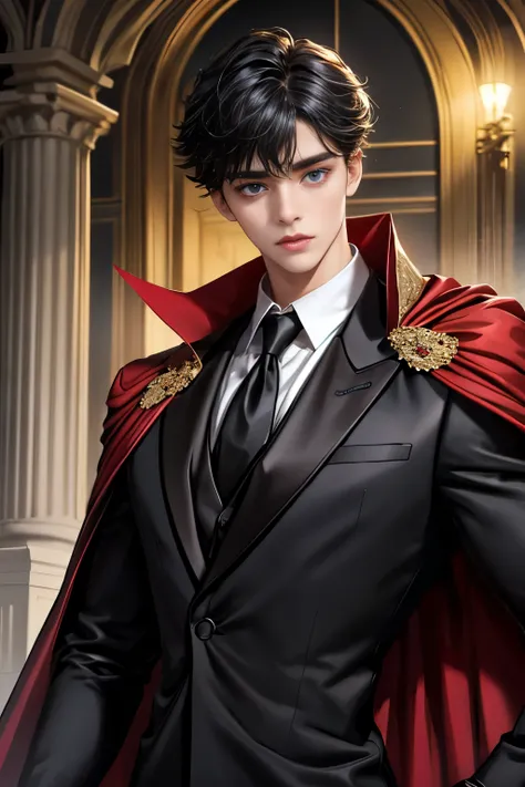 masterpiece, 最high quality, high quality, 1 boy, alone, Male focus, Upper Body,Watching the audience, Messy black hair, Adorable big blue eyes, White, Noble, Noble,A black and red cape that is bursting with sexy volume、Tuxedo、A very voluminous, large, very...