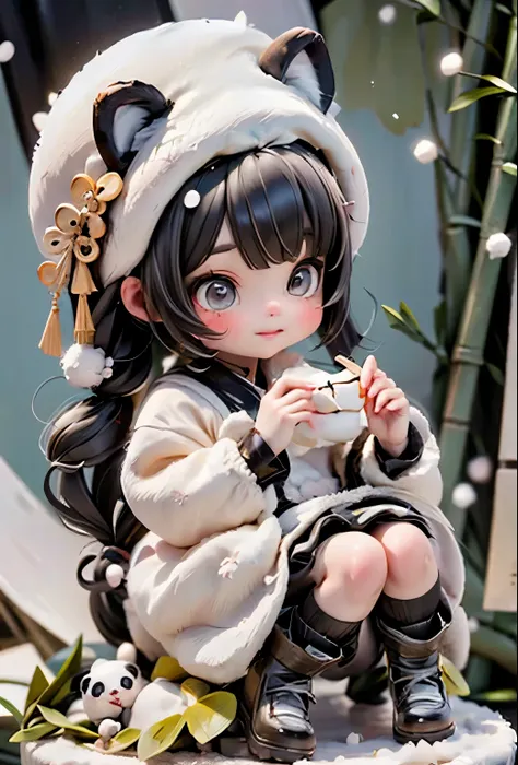 a cute panda girl eating bamboo in a bamboo forest, snowing