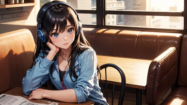 Girl with headphones enjoying music in a cafe I am studying Emphasize a little bit of the chest