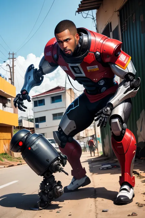 a black man transforming into a robot in a favela  