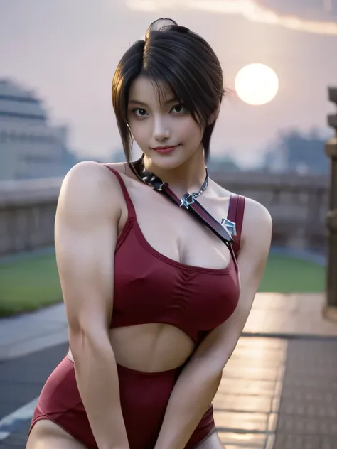 20 year old Japanese beauty，One woman、Muscular body like a bodybuilder、Emphasize the breasts、Slit eyes、A head-to-toe view，Bust is very very large、Full moon night in the background、High quality photos、Clear, crisp images of the lower body、Masterpiece 8k、Smi...