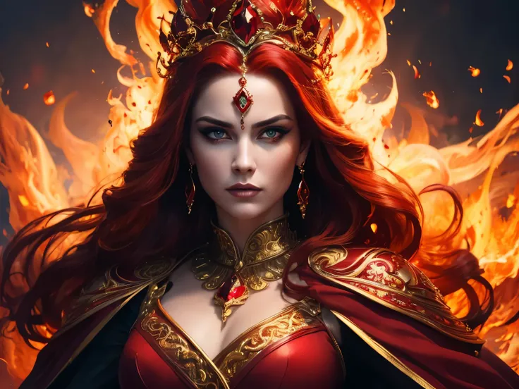 a beautiful queen of the fire kingdom, fire elemental, detailed facial features, piercing eyes, flowing red hair, elaborate fiery crown, ornate gold and ruby jewelry, flowing red velvet cape, powerful fiery aura, dramatic lighting, cinematic composition, d...